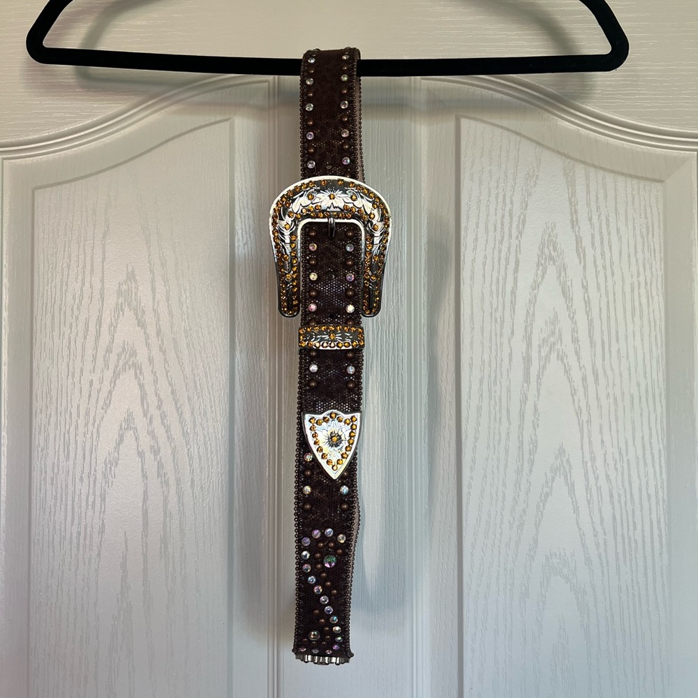 Embellished Brown Rhinestone Western Belt with Gold Buckle